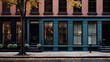 Cityscape photography of a tree-lined block of brownstone buildings with black doors and blue-framed windows.
