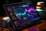 Fototapeta  - Close-up of a futuristic tablet displaying live stock prices with a holographic overlay of trend predictions.