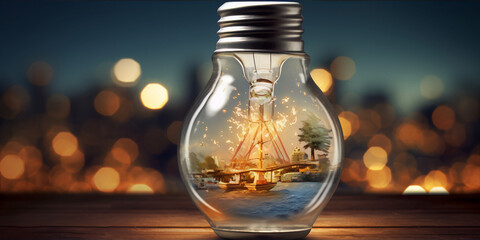 Cityscape inside a light bulb, digital art, photo manipulation, blue and orange colors