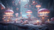Fantasy landscape with glowing jellyfish-like structures in a blue cavern