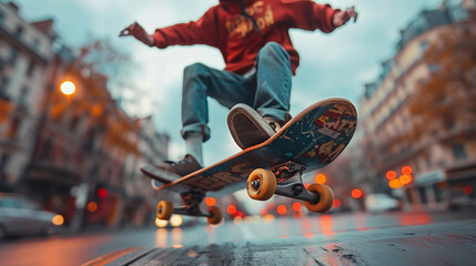 Wide closeup photo from below, an active skateboarder performing at a middle of park, action in the air with jeans and sneakers shoes