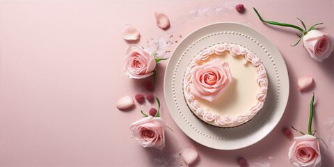 Pink cake with pink roses on a pink background