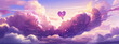 Purple cloudscape with a pink heart-shaped balloon floating in the sky