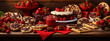 Still life of a table full of various strawberry desserts and treats in shades of red and brown.