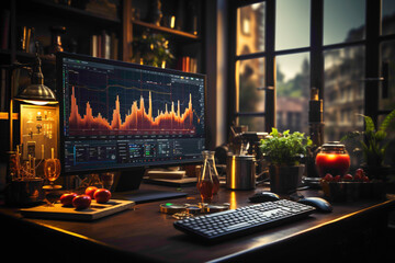 Wall Mural - A stylish desktop setup with a dual monitor display showing live stock market charts, embodying a modern approach to financial analysis.