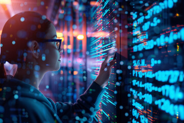 IT Specialist Administrator Working on Computer Screen Showing Big Data AI Analysis and Code. Web Services Machine Learning Analytics Facility Cyber Security. High-Tech Data Center Server Control