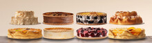 Food Photography Of A Variety Of Cakes And Pies On A Marble Table Against A Beige Background.