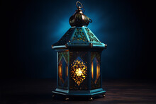 A Glowing Blue Lantern With Intricate Cutout Designs On A Dark Blue Background.