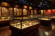 A collection of antique jewelry and artifacts displayed in a museum with dark wood cabinets and glass cases.