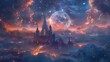 Fantasy moon castle vibrant celestial architecture eyelevel view nebula hues