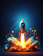 Rocket take off with flame, minimalist cartoon 3D style illustration