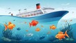 world ocean day background theme illustration with ships whales and fishes 