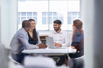 Canvas Print - Corporate, business people and meeting in office for collaboration, planning or teamwork. Workplace, technology and diverse group of employees together for discussion, idea or laptop on project