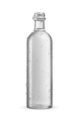 Wall Mural - Chilled transparent glass water bottle with droplets and ice crystals isolated. Closed with a screw metal cap. Transparent PNG image.