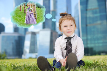 Little cute dreaming girl in tie on grass near skyskrapers, collage - dream about princess dress.
one model in two places