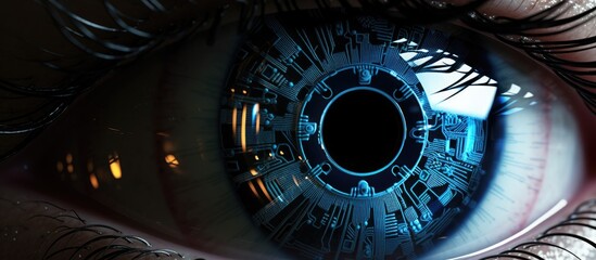 Poster - An artistic closeup of a human eye with an electric blue iris, resembling the color of automotive lighting or a musical instrument, creating a captivating circle of color and detail