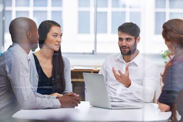 Sticker - Meeting, business people and planning in conference room for discussion, collaboration or idea. Office, laptop and diverse group of employees together for teamwork, review or staff on project