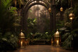 Mystical Garden of Eden with lush foliage and golden lanterns in 3D rendering.