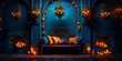 Blue furnished oriental living room with hanging lanterns and candles