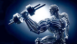 A metallic, muscular, body-building robotic figure made of coiled cables lifting a barbell, showcasing mechanical strength and complexity.