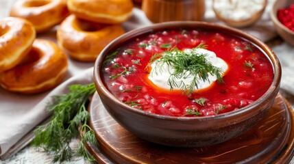 Wall Mural - Borscht with sour cream and dill in a plate. Nearby there are donuts and lard. Generated by artificial intelligence.