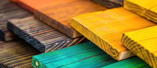 Poster - A detailed closeup of a variety of rectangular wooden blocks in different colors, showcasing the natural beauty of hardwood and wood stain options for building, flooring, or crafting projects