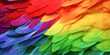Colorful Feather Rainbow. An abstract and vivid composition of multicolored parrot feathers creating a rainbow-like pattern.