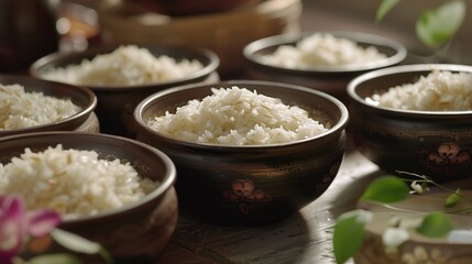 Wall Mural - Six bowls of freshly cooked rice on the table. Generated by artificial intelligence.