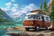Camper van on the background of mountains and lake. 