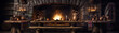 A rustic stone fireplace with a crackling fire and a wooden table set with a variety of food and drink.