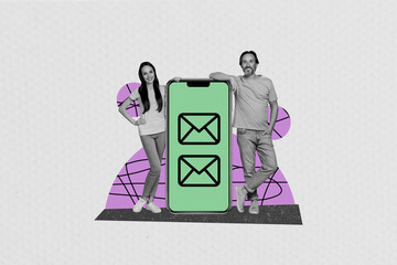 Poster - creative artwork collage painting of happy smiling couple exchanging instagram twitter telegram face