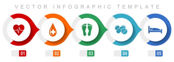 Canvas Print - Hospital flat design infographic template, miscellaneous symbols such as heart pulse, blood donation, footprint, drugs and bed, vector icons collection