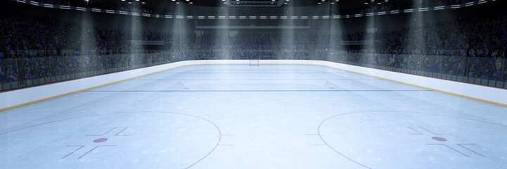 Wall Mural - 3d render of empty ice hockey rink with illuminated surroundings and spectator stands. Flyer for advertising sports event, hockey match. Concept of season ticket sales for local ice hockey team