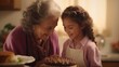 Spanish grandmother teaches her granddaughter how to make a traditional family cake, generation concept, banner