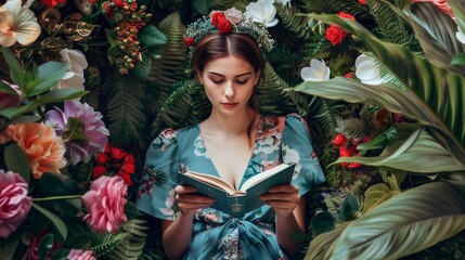 Enchanting woman reading among vibrant floral backdrop