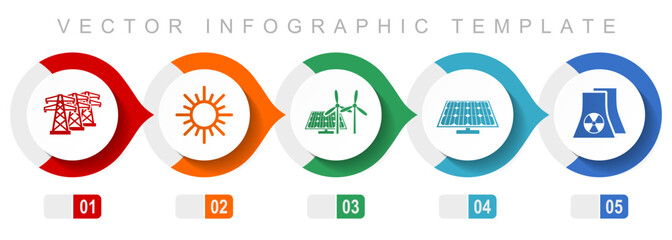 Fototapete - Renewable energy flat design infographic template, miscellaneous symbols such as power line, sun, solar panel and nuclear power plant, vector icons collection