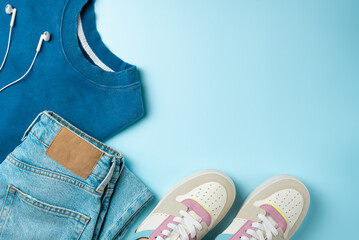 Wall Mural - Clothes for youth on a blue background. Outfit for teenagers. Top view, flat lay.