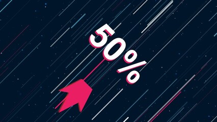 Poster - 50 percent symbol flies through the universe on a jet propulsion. The symbol in the center is shaking due to high speed. Seamless looped 4k animation on dark blue background with stars