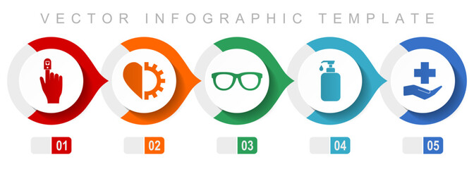 Canvas Print - Medical flat design infographic template, miscellaneous symbols such as oximeter, hospital, glasses, soap and heart, vector icons collection