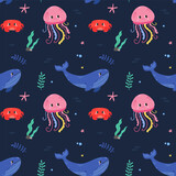 Fototapeta Dinusie - Cute seamless vector pattern with marine animals, marine life, crab, whale, shark, octopus, cute baby pattern