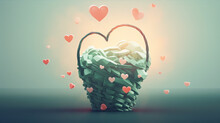 Pink Hearts Fly Out Of A Green Basket On A Pale Green Background In 3D.