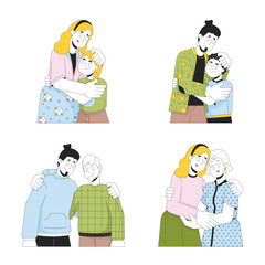 Poster - Hug family 2D linear cartoon characters set. Hugging relatives caucasian european isolated line vector people white background. Embracing mother father color flat spot illustrations collection