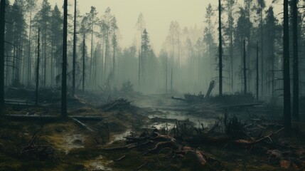 Poster - A mysterious forest filled with fog, perfect for background use
