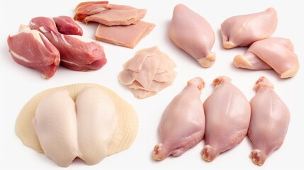 Wall Mural - Fresh raw chicken and various meats on a clean white background. Perfect for food industry designs