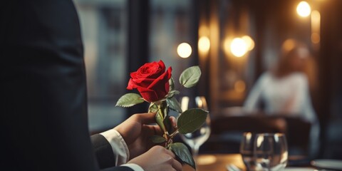 Poster - A person holding a rose in a restaurant, perfect for romantic occasions