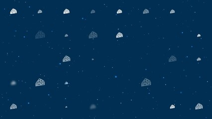 Poster - Template animation of evenly spaced cheese symbols of different sizes and opacity. Animation of transparency and size. Seamless looped 4k animation on dark blue background with stars