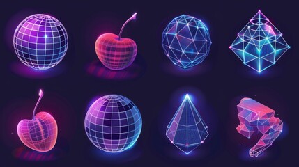 Poster - abstract wireframe shapes set isolated on white background. modern illustration of y2k mesh cubes, g