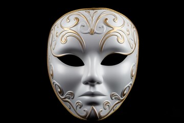 Poster - Intricately designed white mask with gold accents. Perfect for masquerade events
