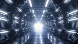 Fototapeta Przestrzenne - Spaceship corridor. Futuristic tunnel with light, interior view. Future background, business, sci-fi or science concept