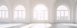© lyndaahram - Bright white empty room with large windows and sunlight shining through in 3D rendering.
